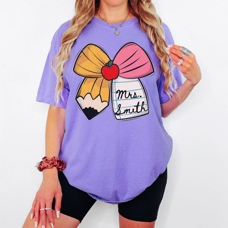 Personalized Teacher Pencil And Bow Comfort Colors T-shirt Personalized Teacher Pencil And Bow Comfort Colors T-shirt
