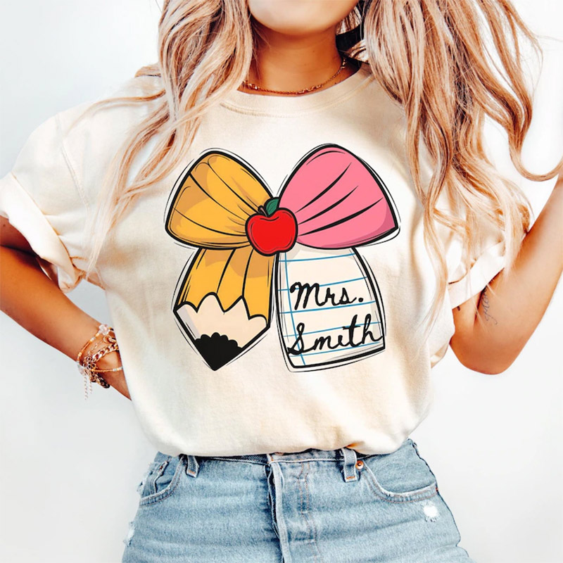 Personalized Teacher Pencil And Bow Comfort Colors T-shirt Personalized Teacher Pencil And Bow Comfort Colors T-shirt