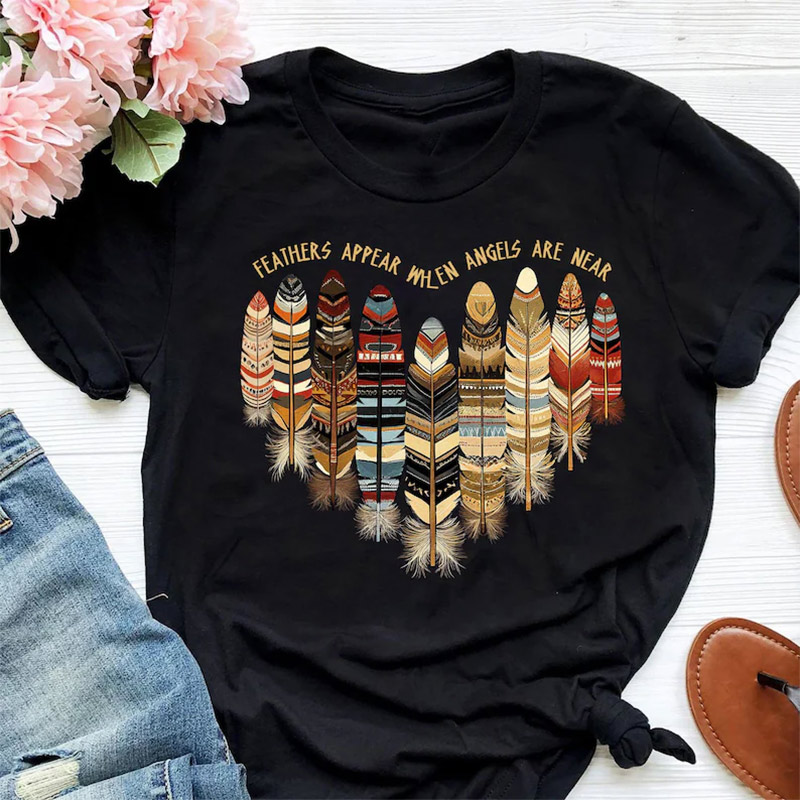 Feathers Appear When Angels Are Near, Native Spiritual Cotton Tee Feathers Appear When Angels Are Near, Native Spiritual Cotton Tee