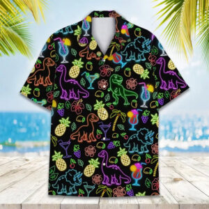 Neon Tropical Dinosaur Pattern With Fruits And Drinks Hawaiian Shirt Neon Tropical Dinosaur Pattern With Fruits And Drinks Hawaiian Shirt