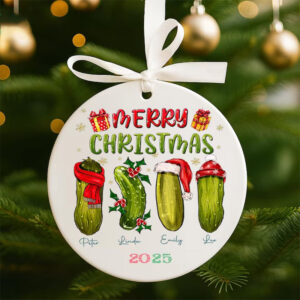 Personalized Pickle Family Christmas Ceramic Ornament 1