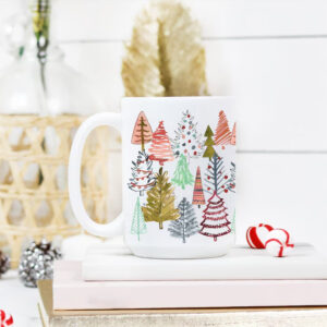Colorful Christmas Trees, Winter Scene Mug 1