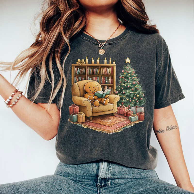 Gingerbread Reading Books Cozy Christmas Comfort Colors tee Gingerbread Reading Books Cozy Christmas Comfort Colors tee