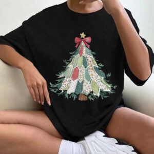 Patchwork Christmas Tree Coquette Bow Holiday Christmas Shirt