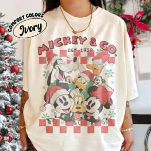 Retro Checkered Mickey & Co Christmas Comfort Colors Tee 1 PersonalizedShirts.net