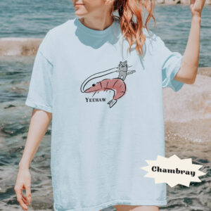 Yeehaw Funny Cat Riding Shrimp Meme Comfort Colors Tee 2 PersonalizedShirts.net