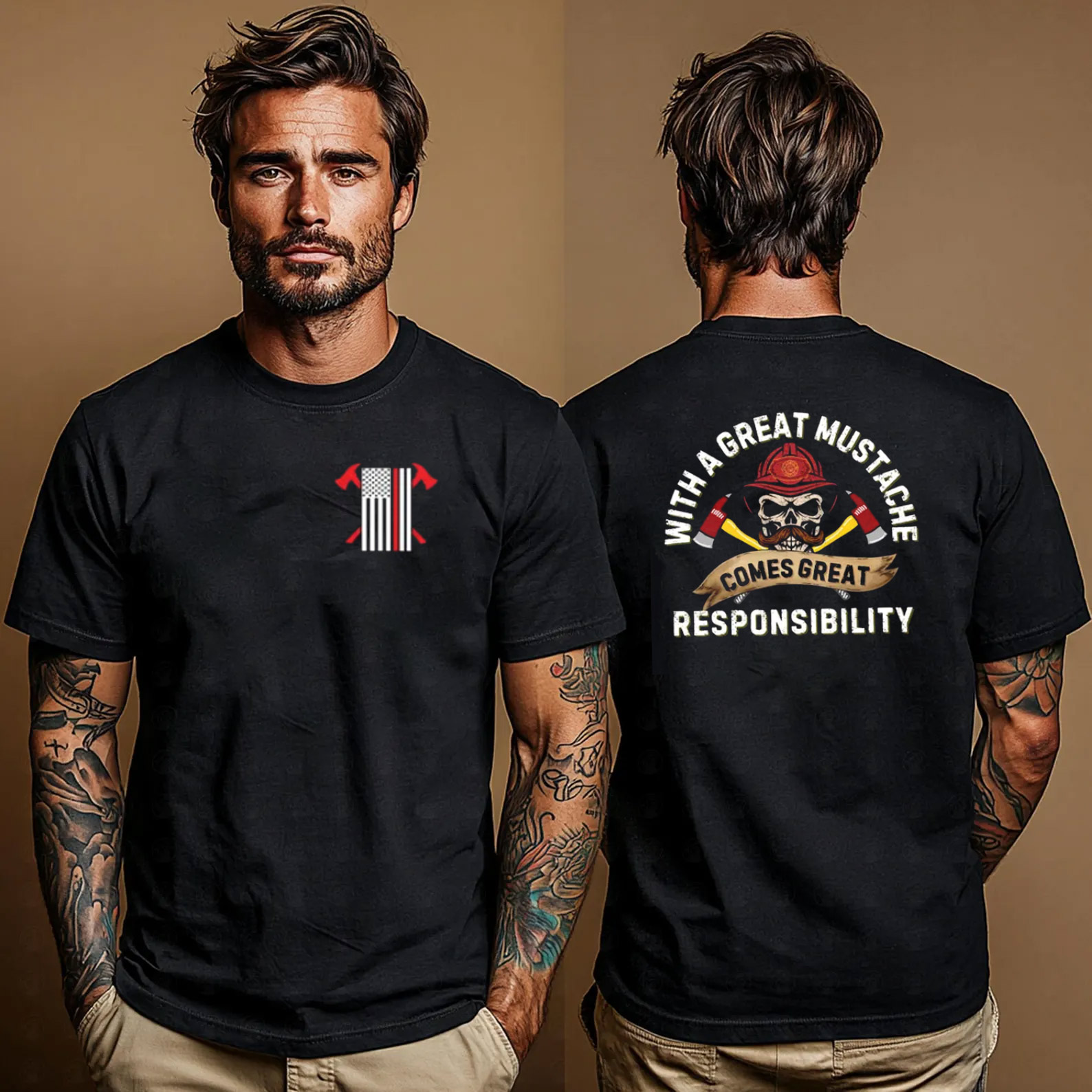 With a Great Mustache Comes Great Responsibility Funny American Firefighter Shirt With a Great Mustache Comes Great Responsibility Funny American Firefighter Shirt