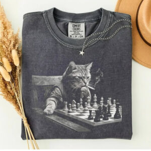 Smoking Cat Playing Chess funny chess Gifts Comfort Colors Shirt 1